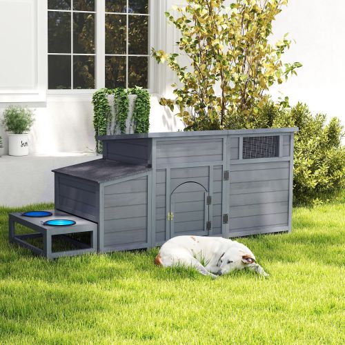 Wood Dog House, Outdoor Dog Kennel with Food Bowls, Storage Box, Vents, Openable Roof, Dog Pet Playpen Cage, Gray Wood Dog House, Outdoor Dog Kennel with Food Bowls, Storage Box, Vents, Openable Roof, Dog Pet Playpen Cage, Gray